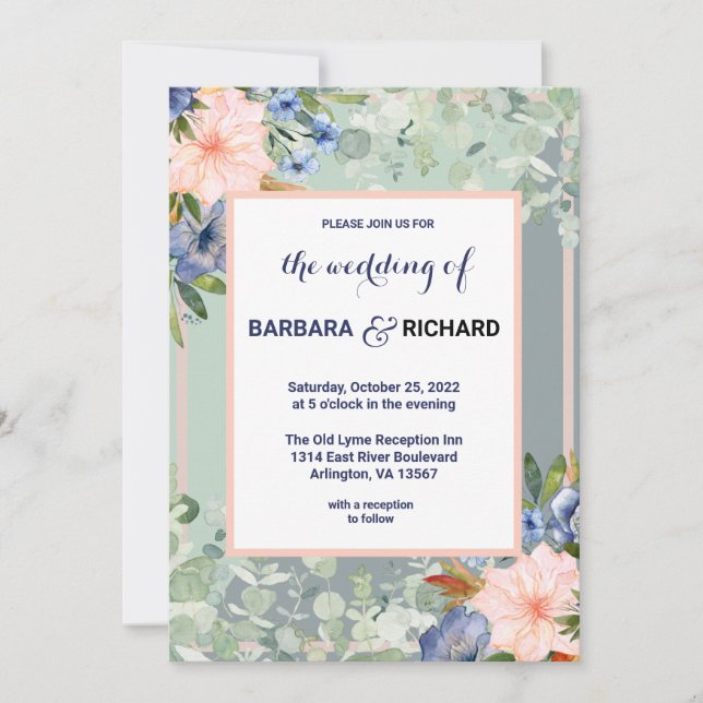 Invitación Boda Verde Dusty Blue Peach (Anverso)