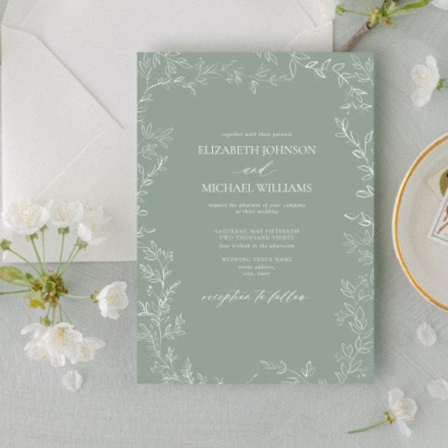Invitación Boda verde elegante de hoja mínima moderna (Subido por el creador)