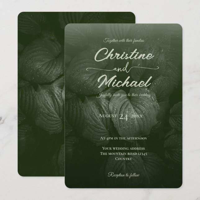 Invitación Boda verde elegante de primavera de la hoja verde (Anverso / Reverso)