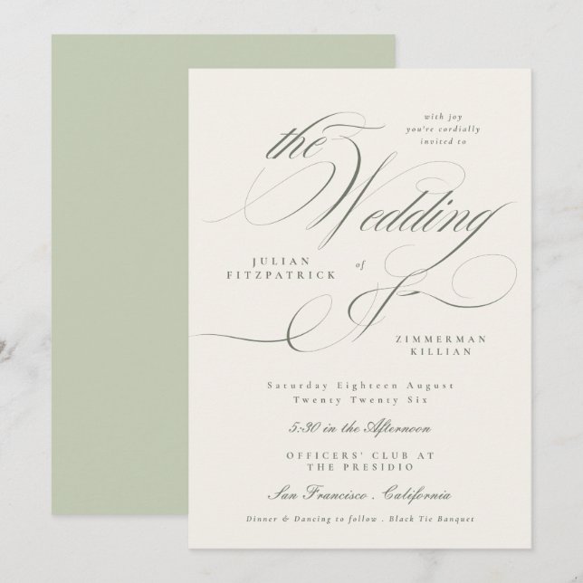 Invitación Boda Verde en Jardín Formal (Anverso / Reverso)