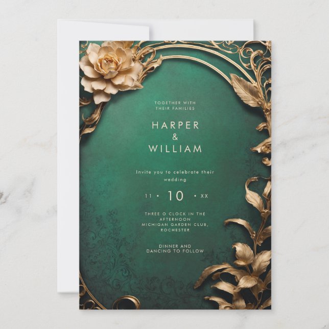 Invitación Boda verde encantado y dorado (Anverso)