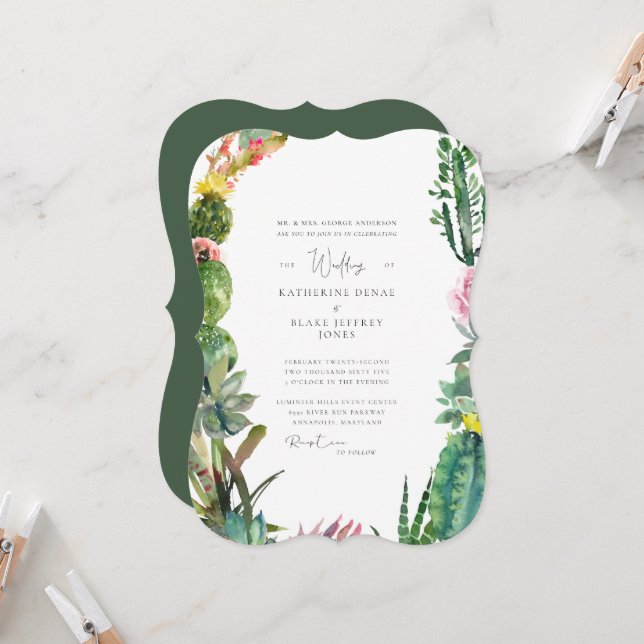 Invitación Boda Verde Esmeralda de Cactus Tropical (Anverso/Reverso In Situ)