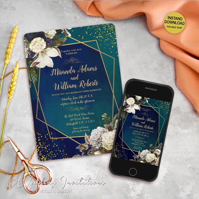 Invitación Boda verde esmeralda de flores y oro (Subido por el creador)