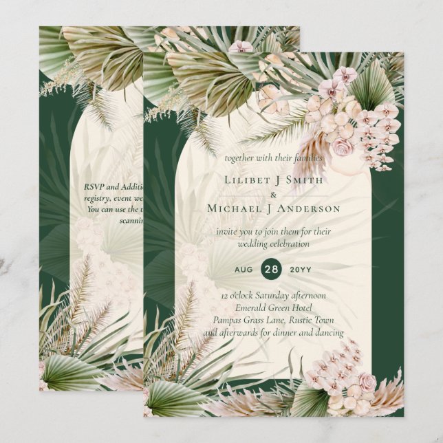 Invitación BODA Verde Esmeralda de Grass Pampas de BOHO (Anverso / Reverso)