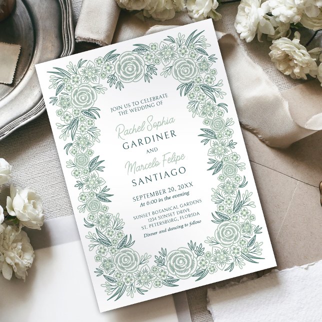 Invitación Boda verde esmeralda de mint. de salvia floral bot (Subido por el creador)