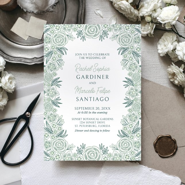 Invitación Boda verde esmeralda de mint. de salvia floral bot (Subido por el creador)