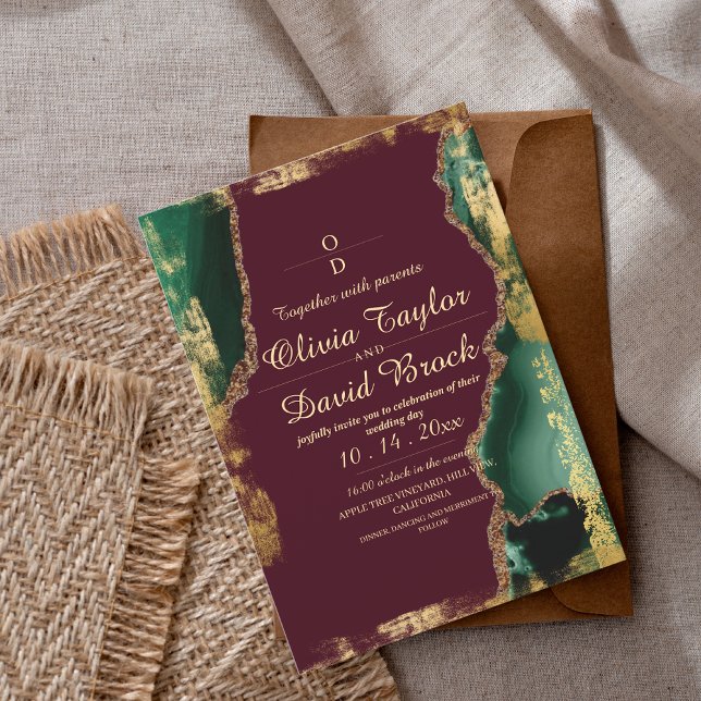 Invitación Boda verde esmeralda de oro moderno de Borgoña (Subido por el creador)
