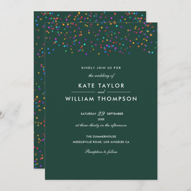 Invitación Boda verde esmeralda de Rainbow Confetti (Anverso / Reverso)