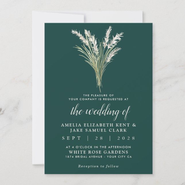 Invitación Boda verde esmeralda del boho de pampas (Anverso)