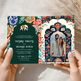 Invitación Boda verde esmeralda del elefante de arte folclóri