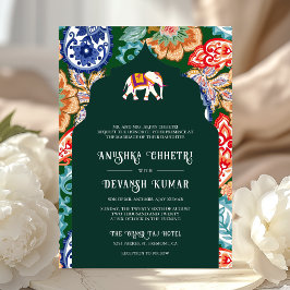 Invitación Boda verde esmeralda del elefante de arte folclóri