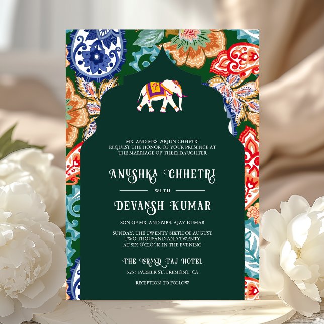 Invitación Boda verde esmeralda del elefante de arte folclóri (Subido por el creador)