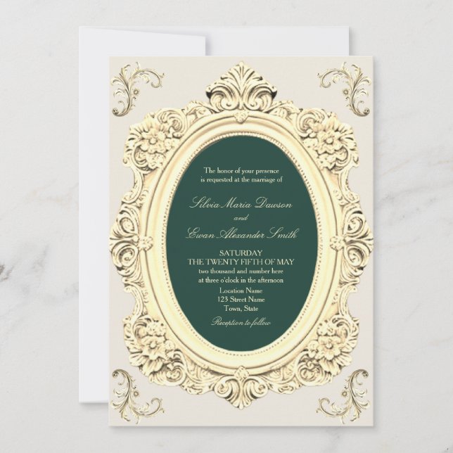 Invitación Boda Verde Esmeralda Dorado Antiguo (Anverso)