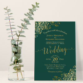 Invitación Boda verde esmeralda elegante con adornos de oro