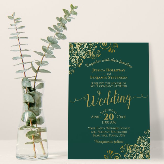 Invitación Boda verde esmeralda elegante con adornos de oro (Subido por el creador)