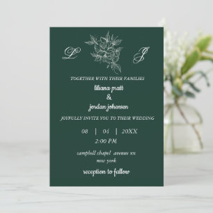 Invitación boda verde esmeralda elegante de guirnalda monogra