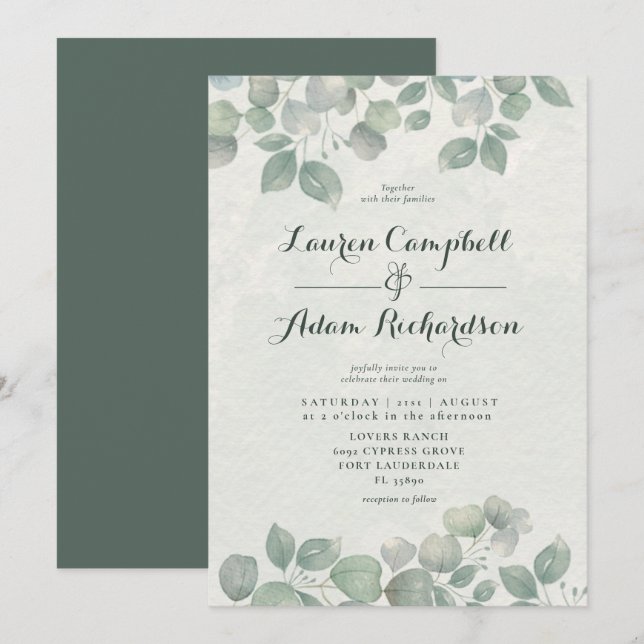Invitación Boda Verde Esmeralda Eucalipto Acuarela (Anverso / Reverso)