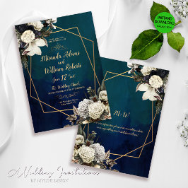 Invitación Boda Verde Esmeralda Geométrica de Oro Floral