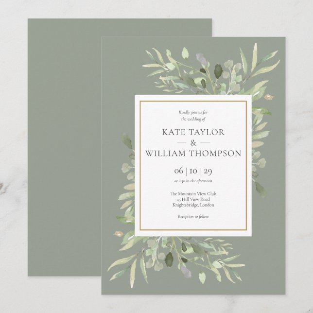 Invitación Boda Verde Esmeralda Hojas Verde (Anverso / Reverso)