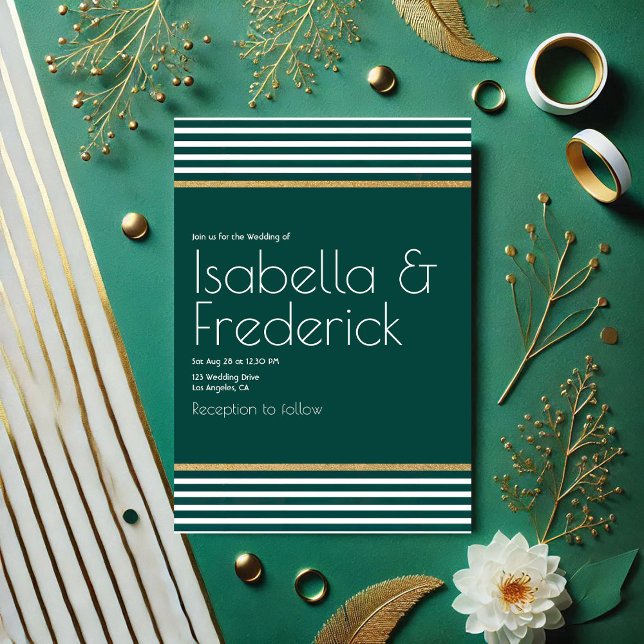 Invitación Boda verde esmeralda moderno, blanco y oro (Modern Emerald Green, White and Gold Wedding Invitation)