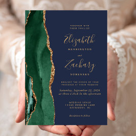 Invitación Boda Verde Esmeralda Oro Ágata Azul Marino