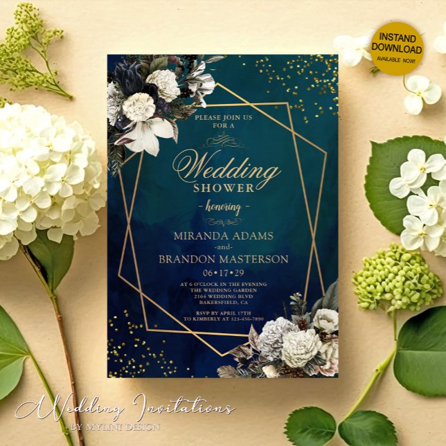 Invitación Boda verde esmeralda romántico de oro floral (Subido por el creador)
