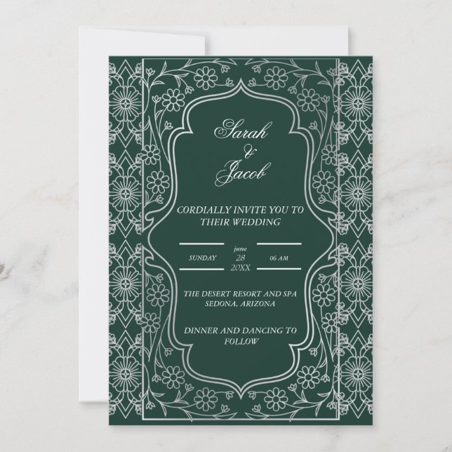 Invitación boda verde esmeralda y blanco (Anverso)