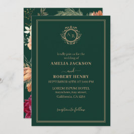 Invitación Boda verde esmeralda y borgoña en caída floral