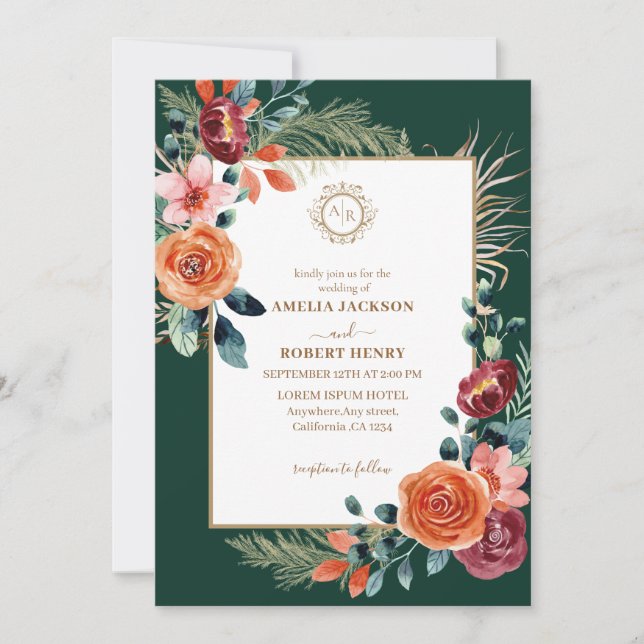 Invitación Boda verde esmeralda y borgoña en caída floral (Anverso)