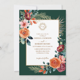Invitación Boda verde esmeralda y borgoña en caída floral