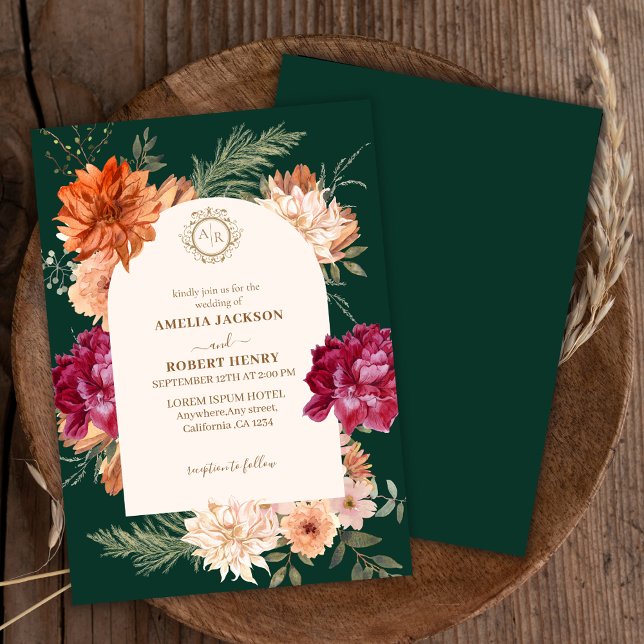 Invitación Boda verde esmeralda y borgoña en caída floral (Subido por el creador)