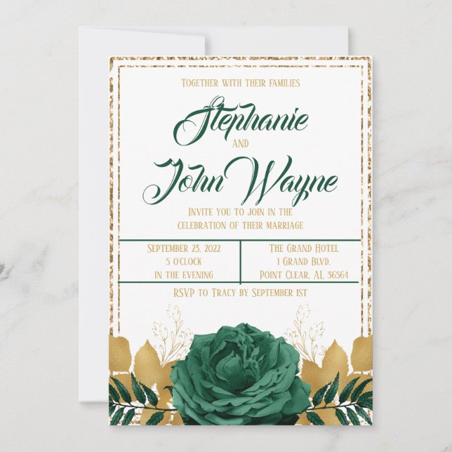 Invitación Boda verde esmeralda y oro (Anverso)