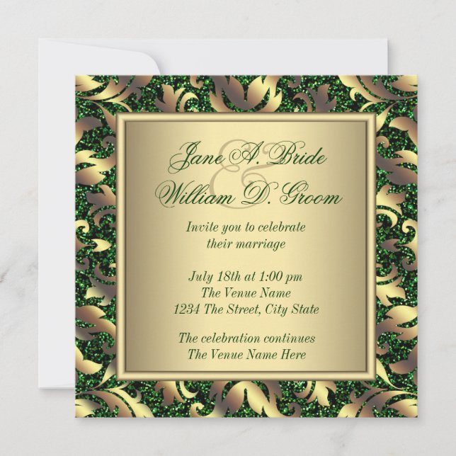 Invitación Boda verde esmeralda y oro (Anverso)