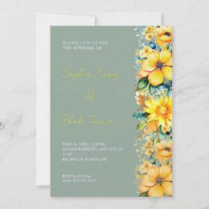 Invitación Boda Verde Floral Amarillo Bohemio