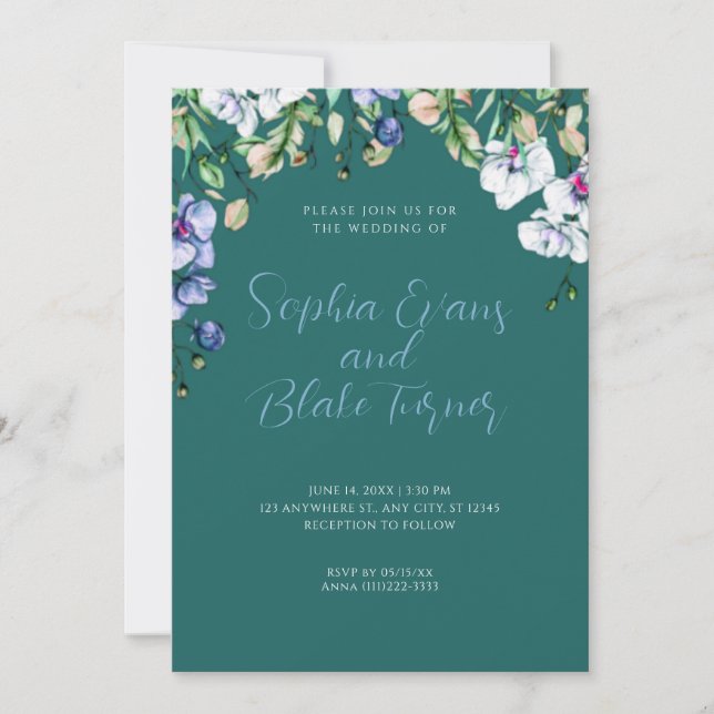 Invitación Boda verde floral azul, blanco y verde moderno (Anverso)