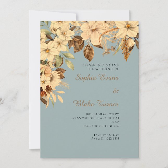 Invitación Boda Verde Floral Boho Otoño Amarillo (Anverso)