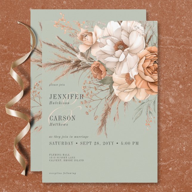 Invitación Boda Verde Floral Boho Terracotta Melocotón y Crem (Boho Terracotta Peach & Cream Floral Green Wedding Invitation)