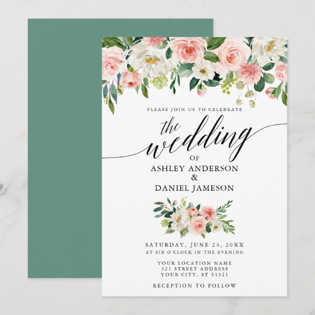 Invitación Boda verde floral de Rubor rosa caligrafía (Anverso / Reverso)