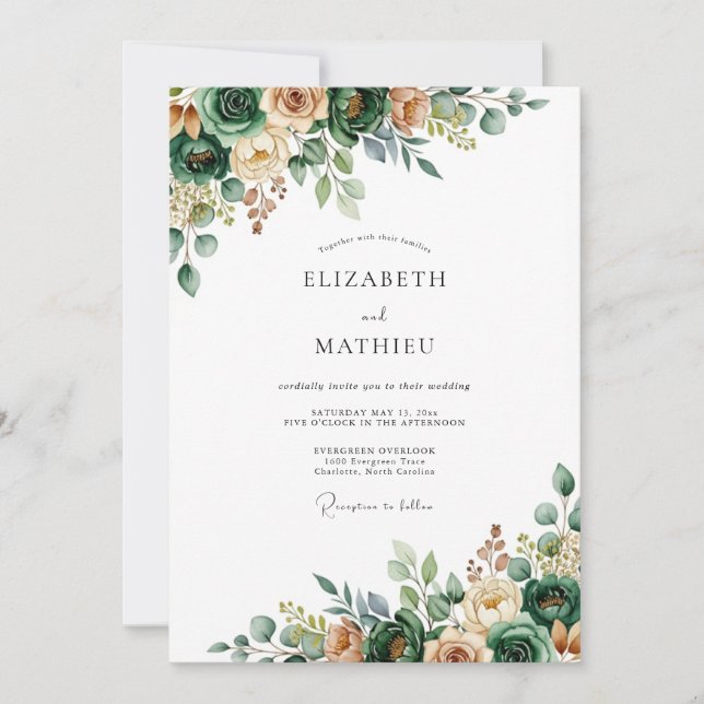 Invitación Boda Verde Floral Lujuriante (Anverso)