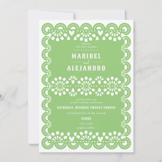 Invitación Boda verde floral Papel Picado de México (Anverso)