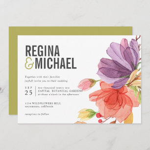Invitación Boda verde Flores salvajes de color acuático moder