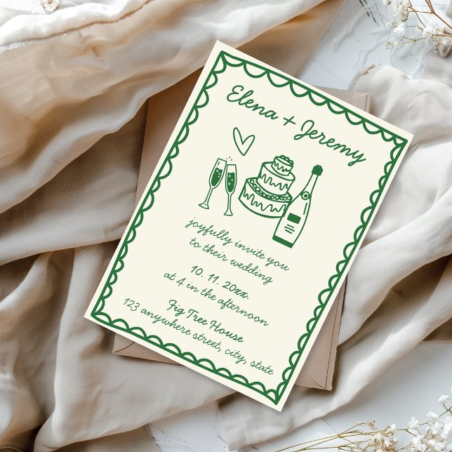 Invitación Boda verde francés vintage ilustrado a mano (Green hand illustration hand written quirky wedding invitation)