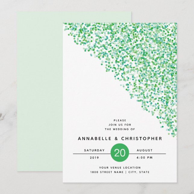 Invitación Boda verde geométrica moderna del confeti de Kelly (Anverso / Reverso)