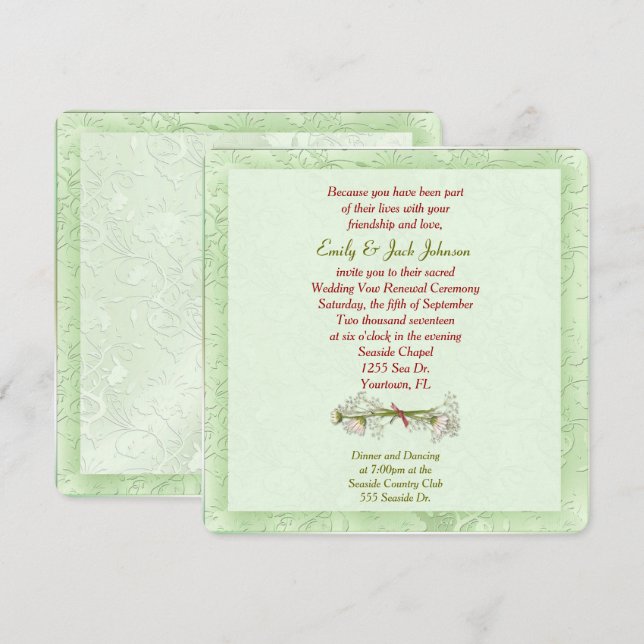 Invitación Boda Verde Grabado en relieve promete renovación (Anverso / Reverso)