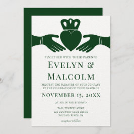 Invitación Boda verde gráfico simple del anillo del claddagh 