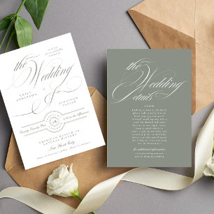 Invitación Boda Verde Gris Formal Elegante   Atrás