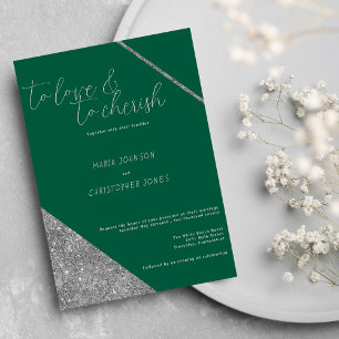 Invitación Boda verde jade brillo plateado guión clásico