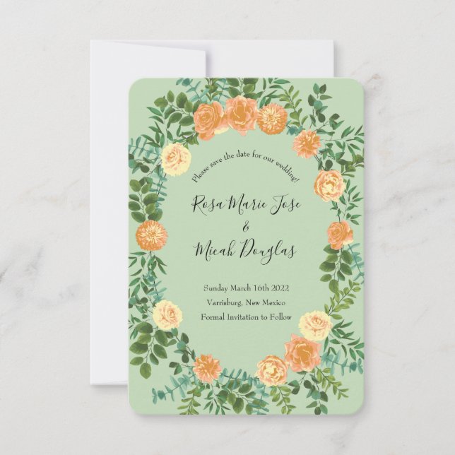 Invitación Boda verde melocotón primavera pastel (Anverso)
