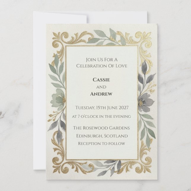 Invitación Boda Verde Menta con Filigrana de Oro (Anverso)