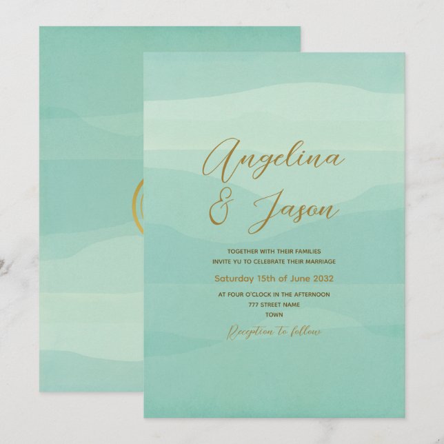 Invitación Boda verde mínimo del sabio dorado (Anverso / Reverso)